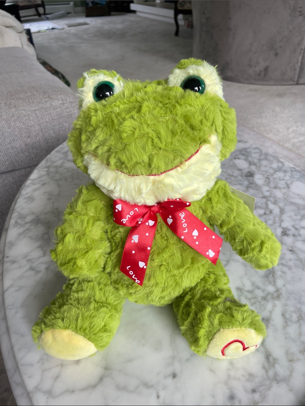 Plush Green Frog with Red Heart Ribbon - Kids Stuffed Animal